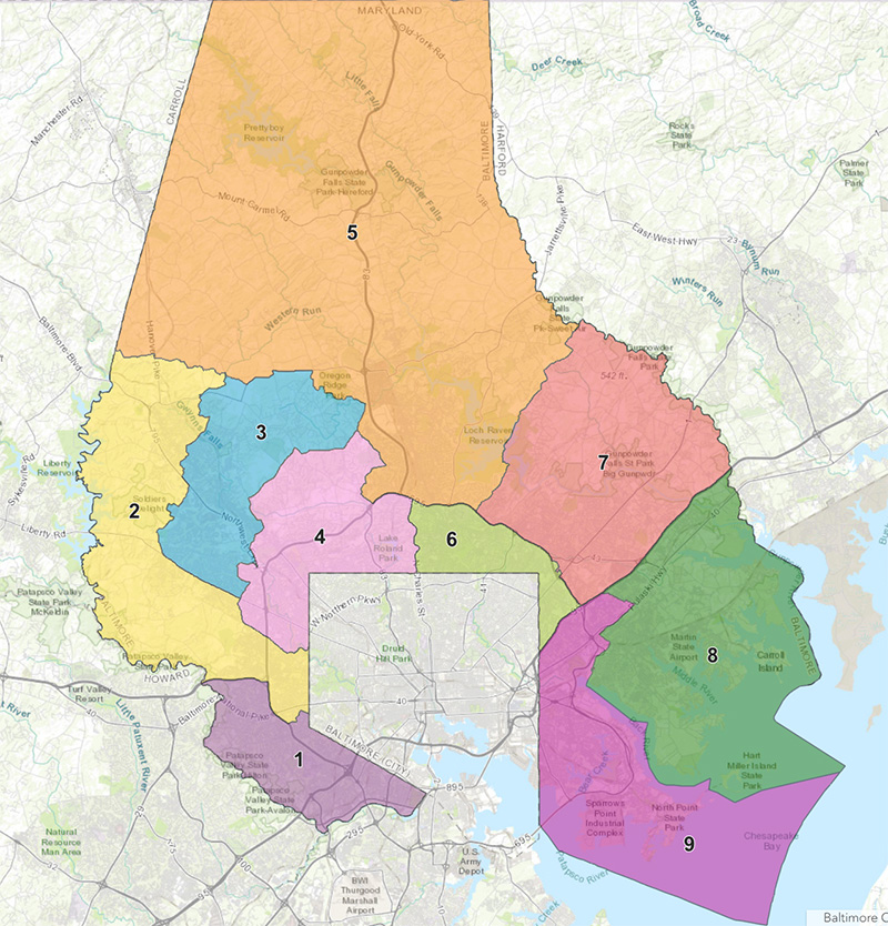 Map of Baltimore County with site locations