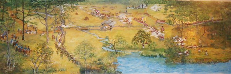 The Battle of North Point from the perspective of the head of Bear Creek. US on left and British forces on the right. Each have riflemen and skirmishers near the head of Bear Creek that are separated by a finger of water. (Painting by Tom Spicer. Courtesy of the National Park Service.)